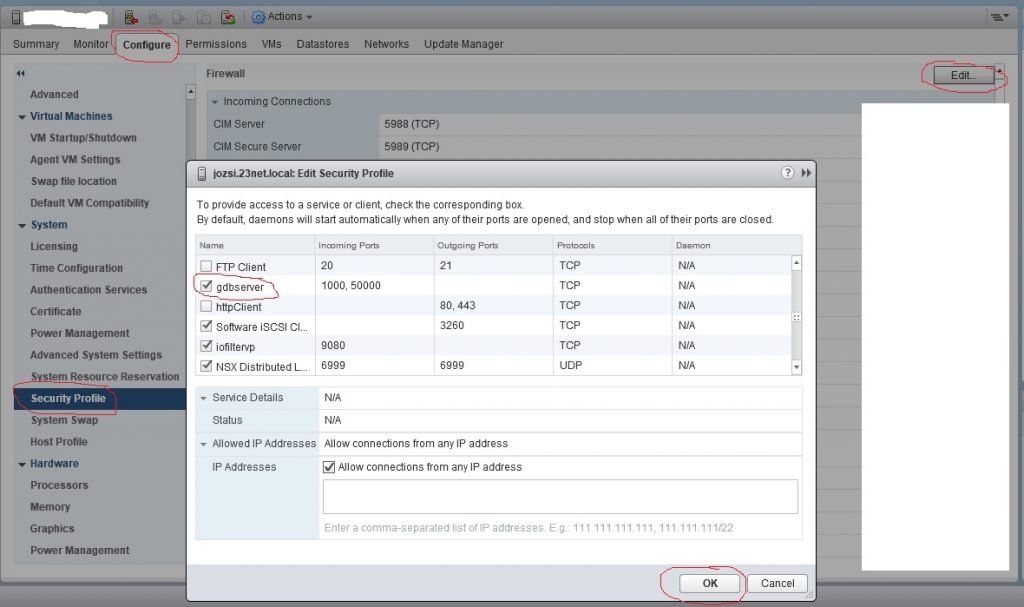 Open GDB Server firewall port in ESXi